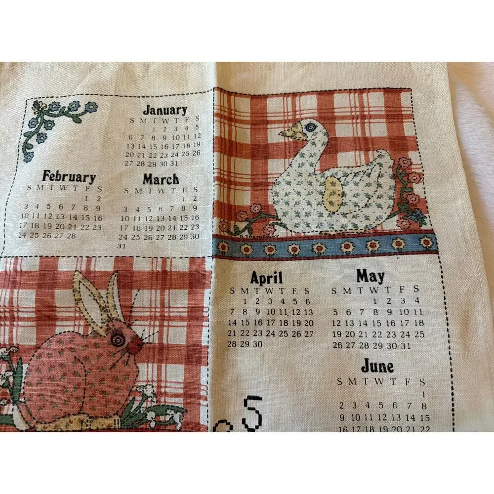 Vintage 1985 Calendar Linen Tea Towel Helen Kish Folk Art Animals Rabbit Cat 80s
